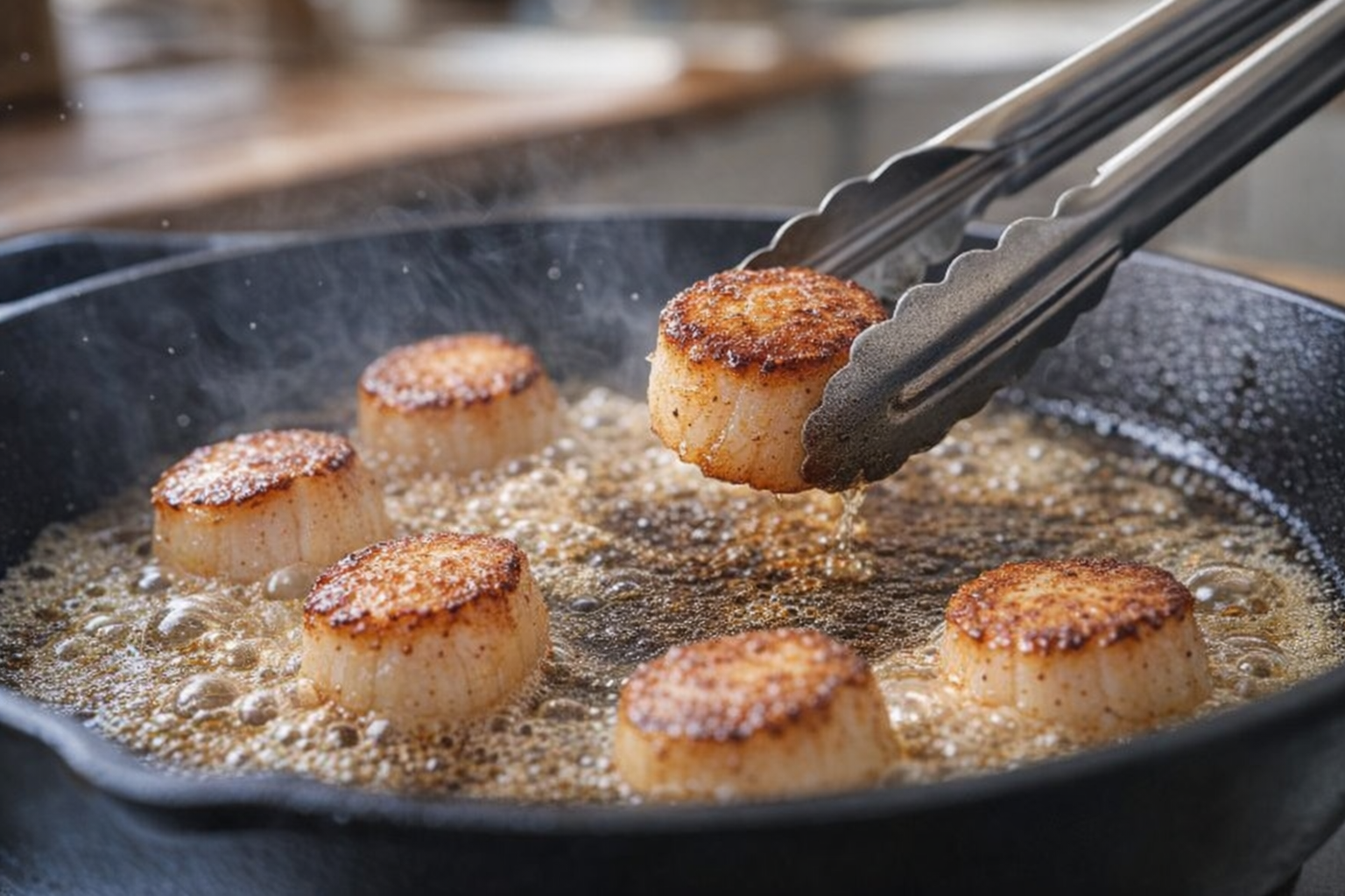 Action shot of scallops searing in a cast iron pan, sizzling in butter and oil, golden brown crust forming on the bottom, tongs holding one scallop